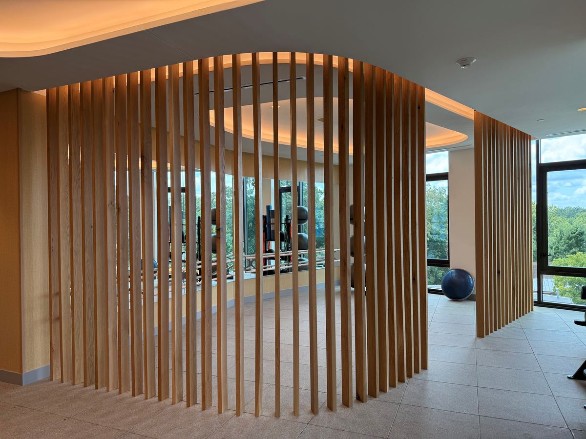 Dix B — curved wood slat room divider for fitness area